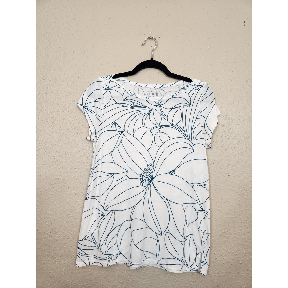 LOFT Floral‎ Print Top Casual Short Sleeve T Shirt White Blue Women's Size S
